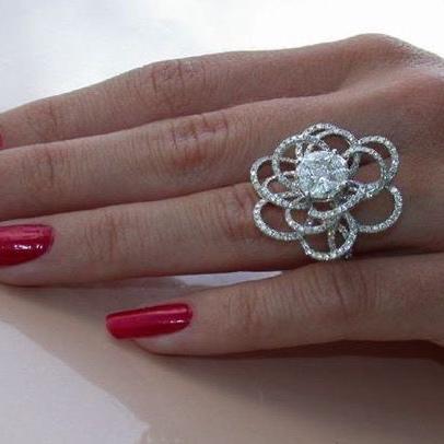 Camelia Flower Diamond Ring Gold 18k White Gold- Diamond Jewelry