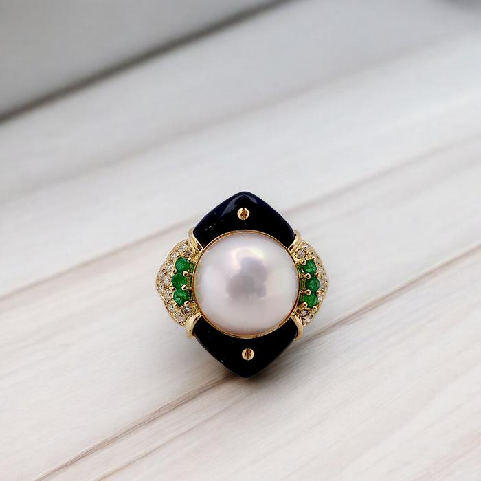 Pearl Emerald Onyx Diamond Ring 18K / Diamond Jewelry-25CMGT1755WP-HT