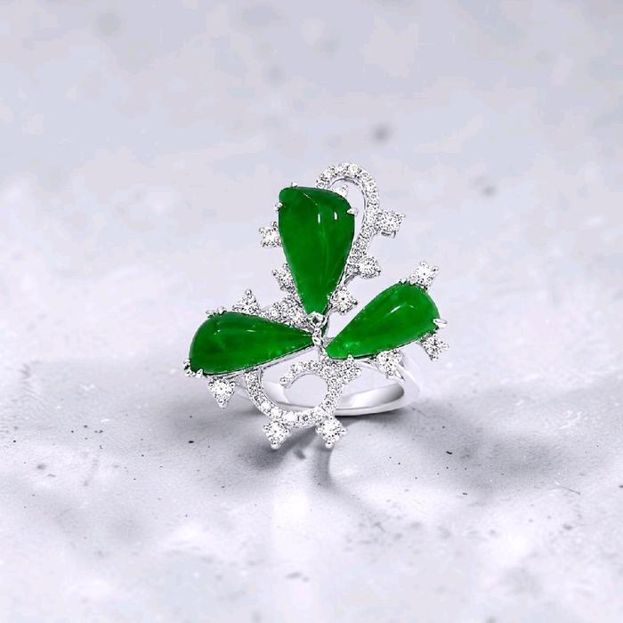 Jade Flower Diamond Ring 18K / Cincin Berlian Giok Bunga 18K / Diamond Jewelry / JR0053771