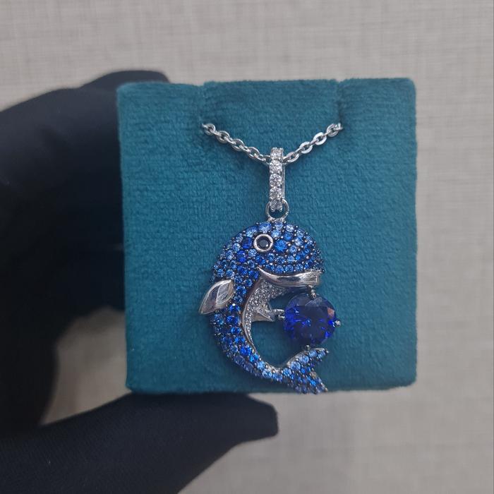 Liontin Mas dolphin swarozky blue saphire / liontin dolphin biru emas 18K-Diamond Jewelry