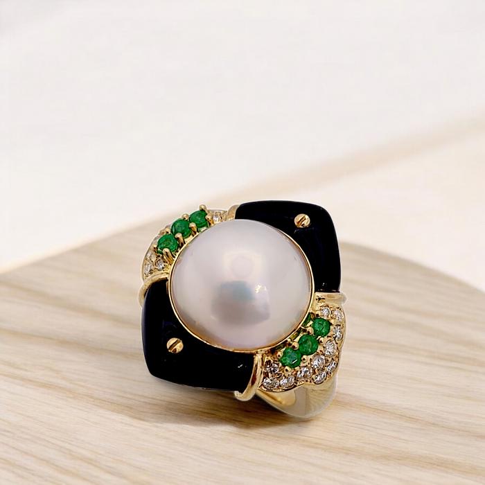 Pearl Emerald Onyx Diamond Ring 18K / Diamond Jewelry-25CMGT1755WP-HT