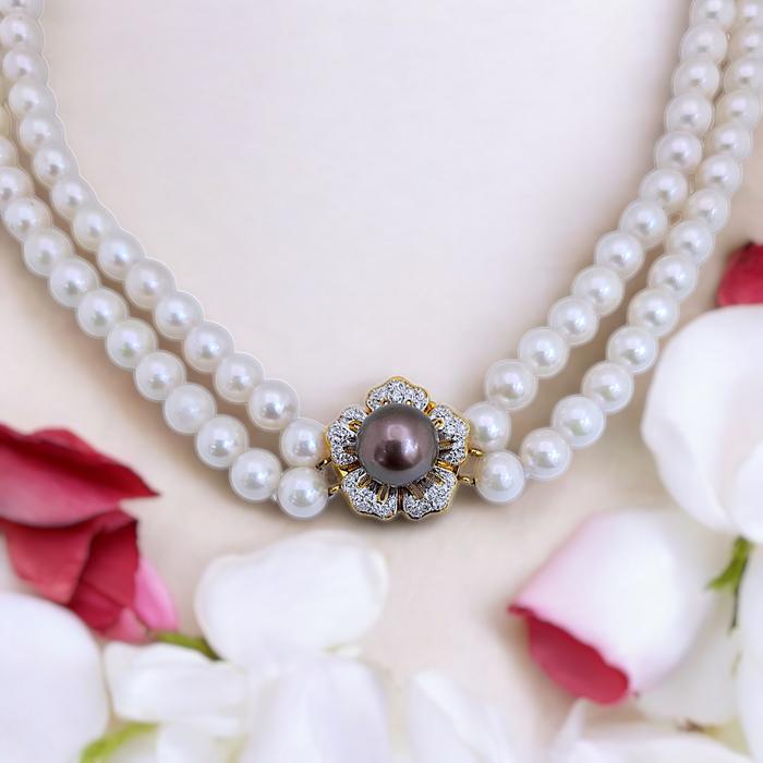 Flower Pearl  AKOYA Diamond Necklace 18K / Diamond Jewelry