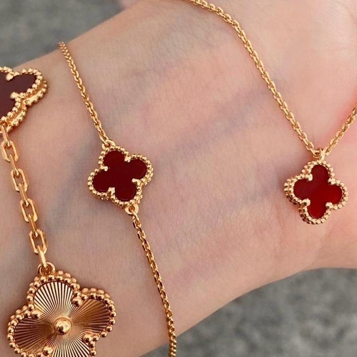 Sweet Clover Red Charnelian 18K Necklace/Bracelet/Earring/Kalung/Gelang/Anting Emas Fashion-Diamond Jewelry-398KBD2000LS/372ABD228RY/128GBD22000AB-HT