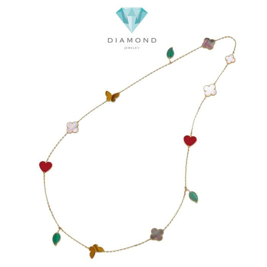 Mix Lucky Clover Long Necklace 18K Gold with pearl,gemstones Diamond Jewelry