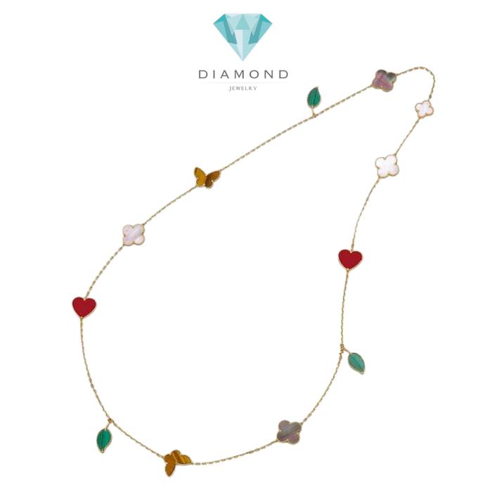 Mix Lucky Clover Long Necklace 18K Gold with pearl,gemstones Diamond Jewelry