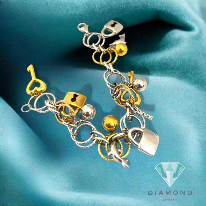 Gelang Emas Lock Key Gantung Variasi Gantungan 3 Warna 18K-76GMS19WP-HT