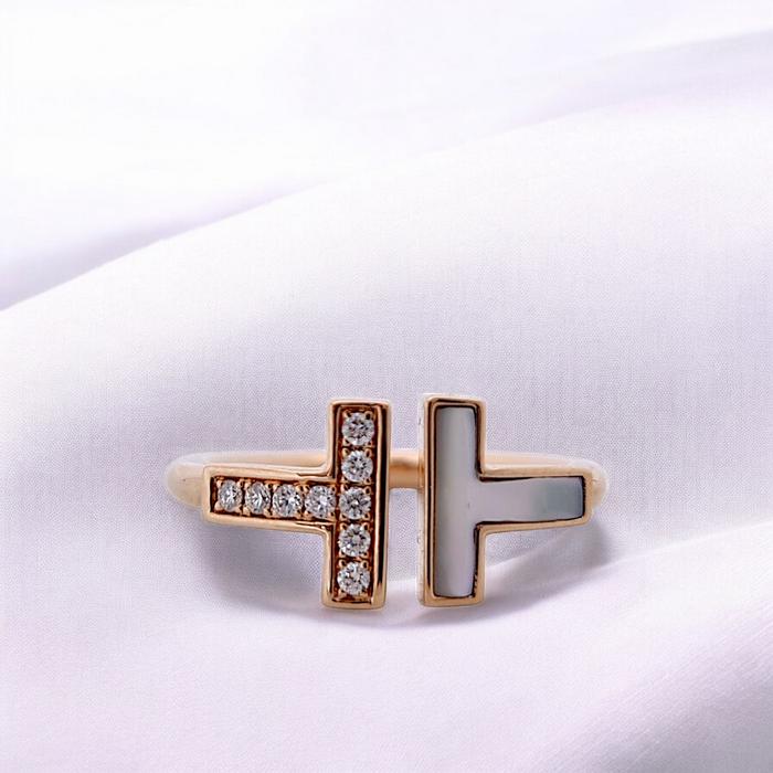 T Diamond MOP Ring 18K -Diamond Jewelry-Double T Cincin Berlian Emas Mutiara 18K-84CBD43000AB-HT