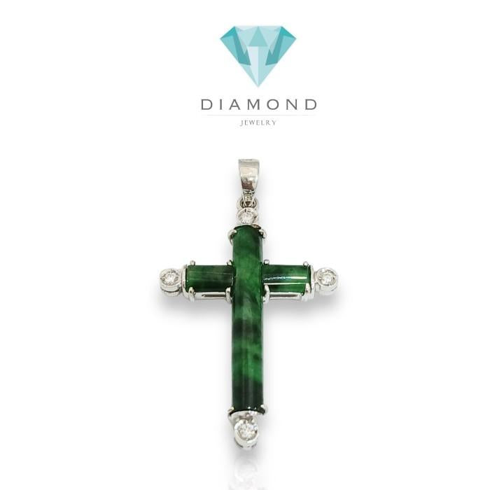 Cross jade greem jadeite diamond pendant-18k white gold -Diamond Jewelry