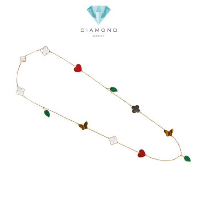 Mix Lucky Clover Long Necklace 18K Gold with pearl,gemstones Diamond Jewelry