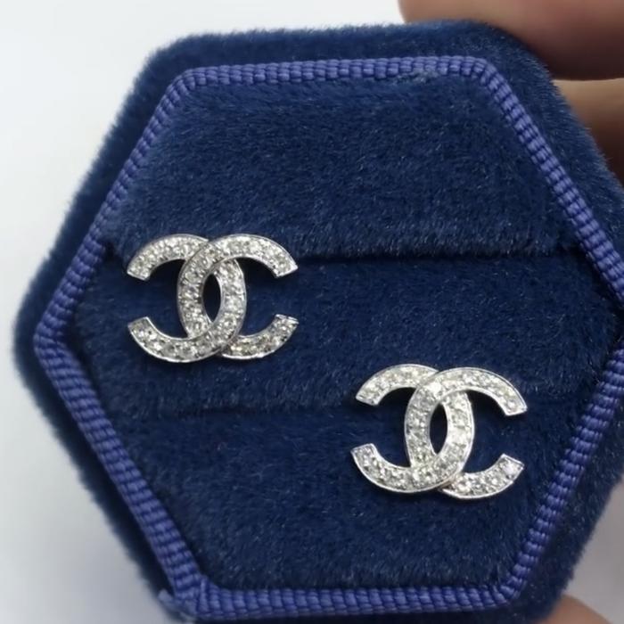 Diamond double C logo earring 18k-Diamond Jewelry