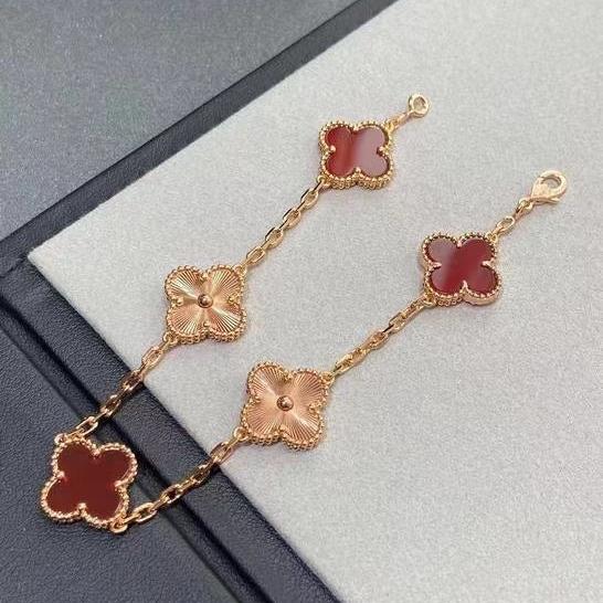 Clover Bracelet Kombinasi Gold & Red Charnelian Vintage 18K-Diamond Jewelry-448GBD5500CHLS-HT
