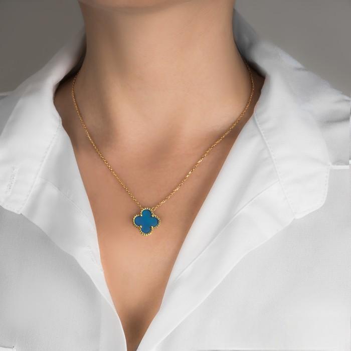 Kalung Clover Vintage Blue Agate 18K Vintage Gold Necklace-Diamond Jewelry-242KBDAB32000LS-HT
