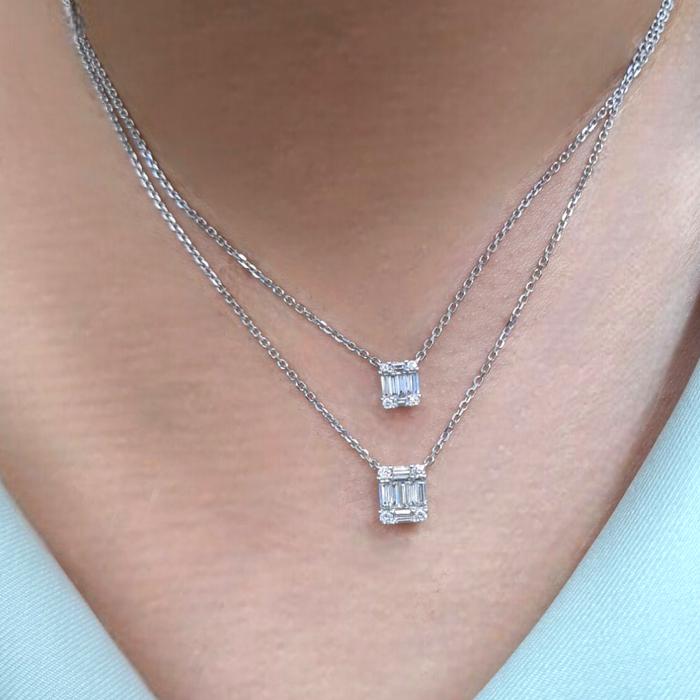Double duo Diamond Baguette Necklace 18K / Diamond Jewelry