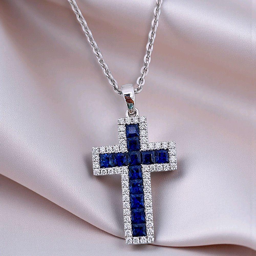 Blue Sapphire Cross Diamond Pendant 18K / Liontin Berlian Salib Sapphire 18K / Diamond Jewelry 2BL121000AB-HT