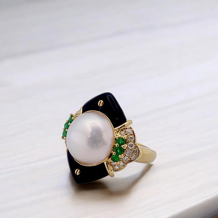 Pearl Emerald Onyx Diamond Ring 18K / Diamond Jewelry-25CMGT1755WP-HT