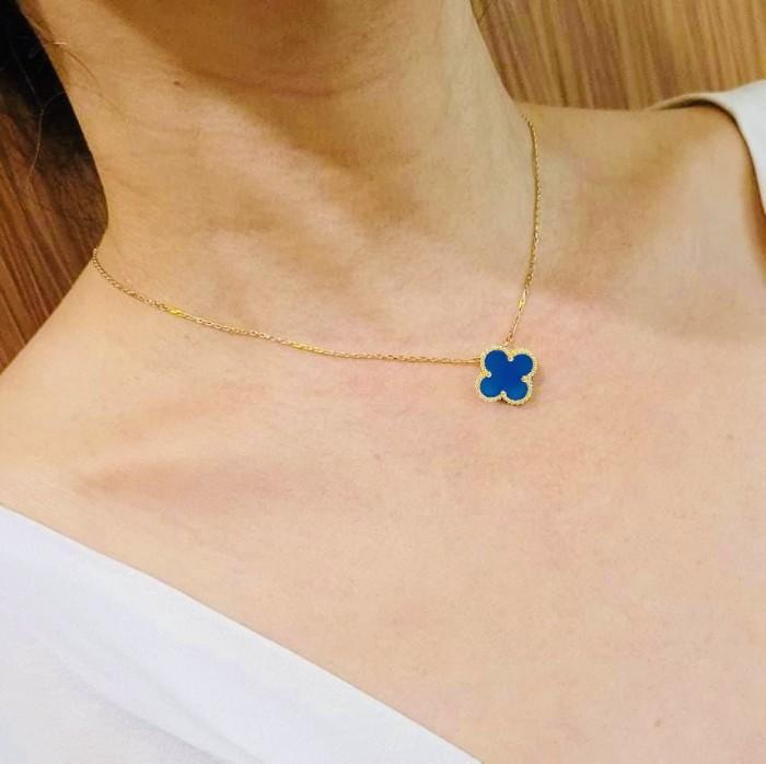 Blue Agate clover vc 18k vintage gold necklace-Diamond Jewelry