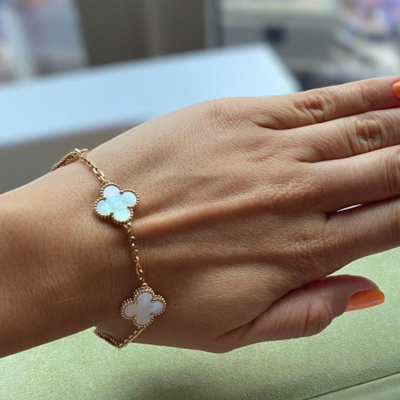 White 5 Clover Vintage Bracelet 18K Gold MOP -Diamond Jewelry/Gelang Emas Clover Putih Mutiara-487GBD4500LS-HT
