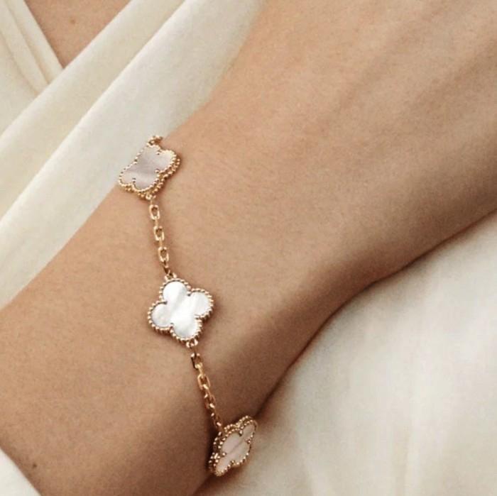 White 5 Clover Vintage Bracelet 18K Gold MOP -Diamond Jewelry/Gelang Emas Clover Putih Mutiara-487GBD4500LS-HT