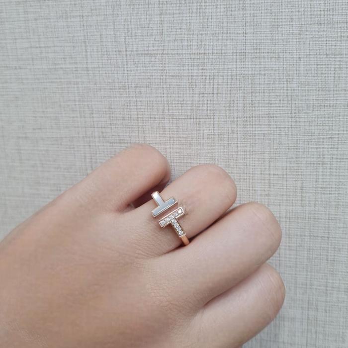 T Diamond MOP Ring 18K -Diamond Jewelry-Double T Cincin Berlian Emas Mutiara 18K-84CBD43000AB-HT