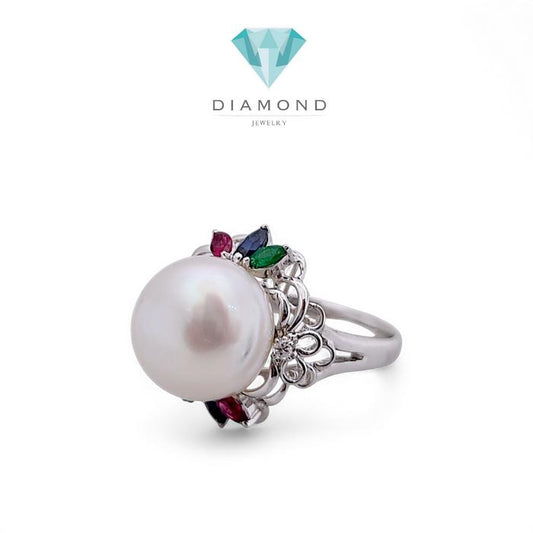 Pearl Diamond tricolor stone Ring 18K / Diamond Jewelry