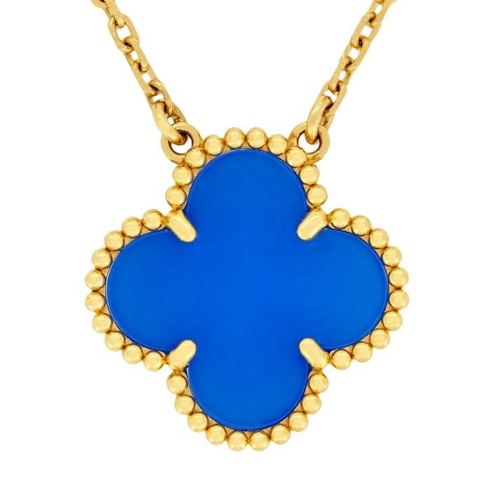 Blue Agate clover vc 18k vintage gold necklace-Diamond Jewelry