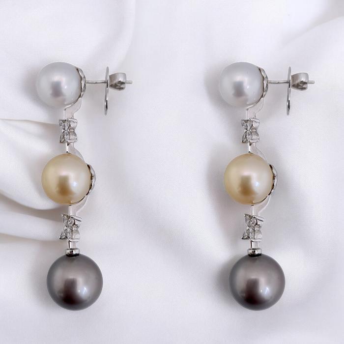 Long Drop Triple Color Pearl Diamond Earrings 18K / Diamond Jewelry