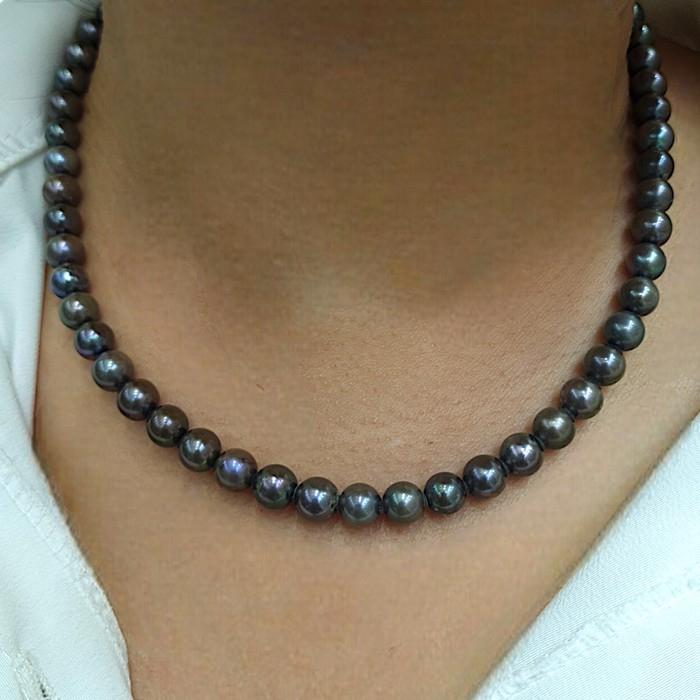 Pearl Black Akoya tennnis 7-8mm Necklace 18K / Diamond Jewelry