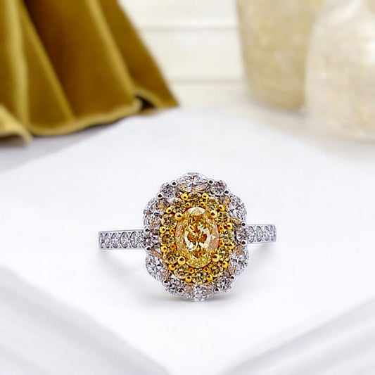 Yellow diamond oval solitaire ring flower- cincin berlian kuning bunga 18k
