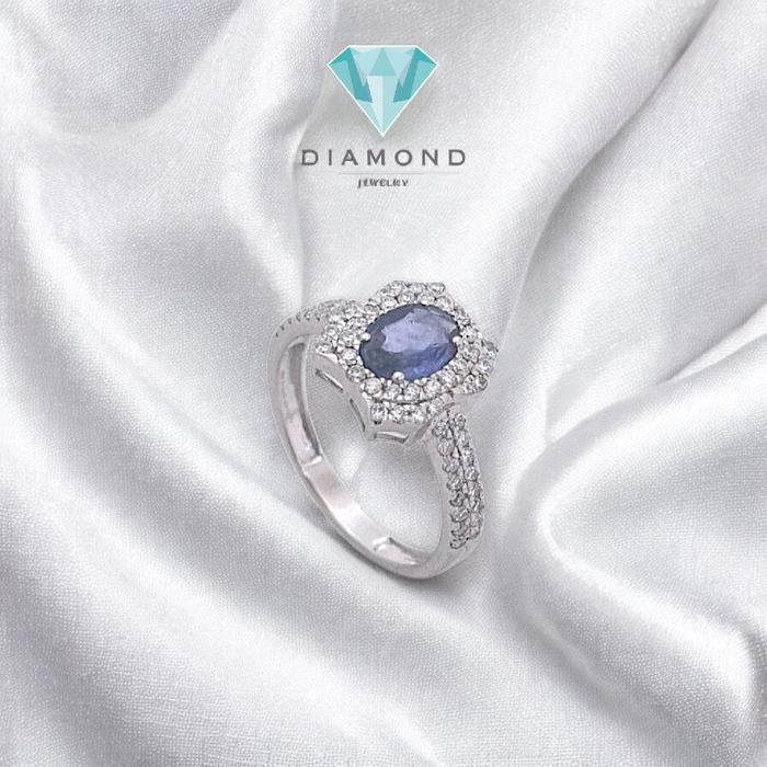 Cincin Blue Sapphire Oval Berlian 18K-Diamond Jewelry-395BC3223SD-HT