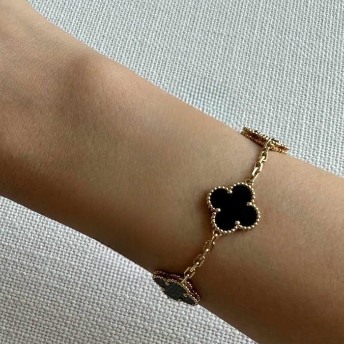 Black Onyx Clover Alhambra Bracelet 18K Gold/Gelang Emas Onix Fashion Diamond Jewelry-486GBD5000LS-HT