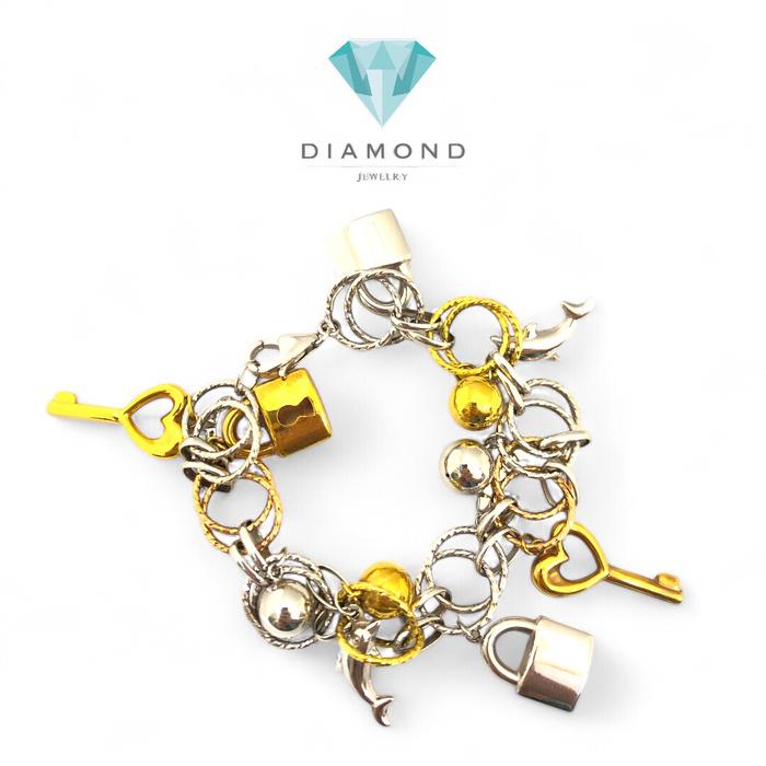 Gelang Emas Lock Key Gantung Variasi Gantungan 3 Warna 18K-76GMS19WP-HT