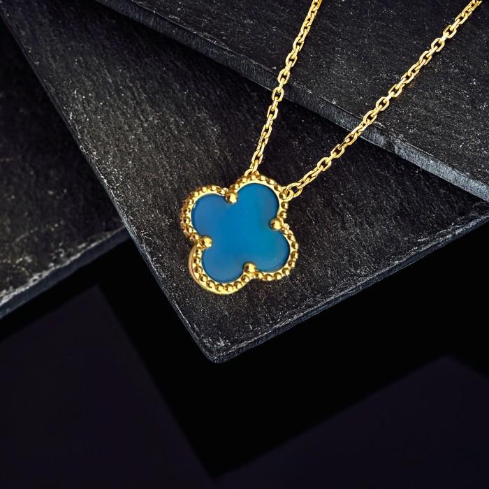 Blue Agate clover vc 18k vintage gold necklace-Diamond Jewelry