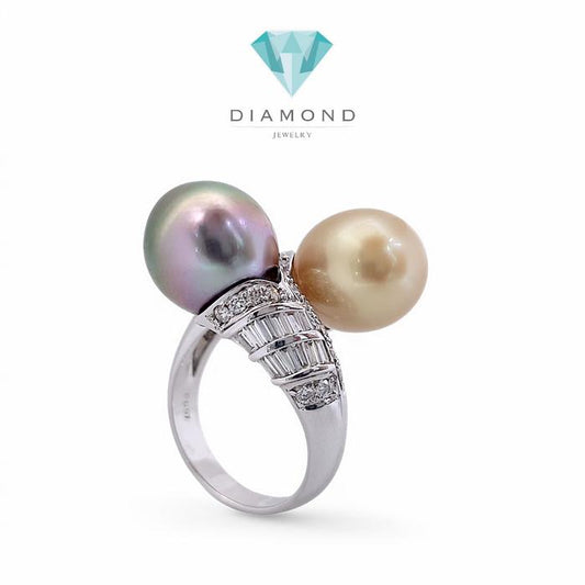 Double Color Tahiti Pearl Diamond Ring 18K / cincin mutiara duo color berlian hitam kuningDiamond Jewelry