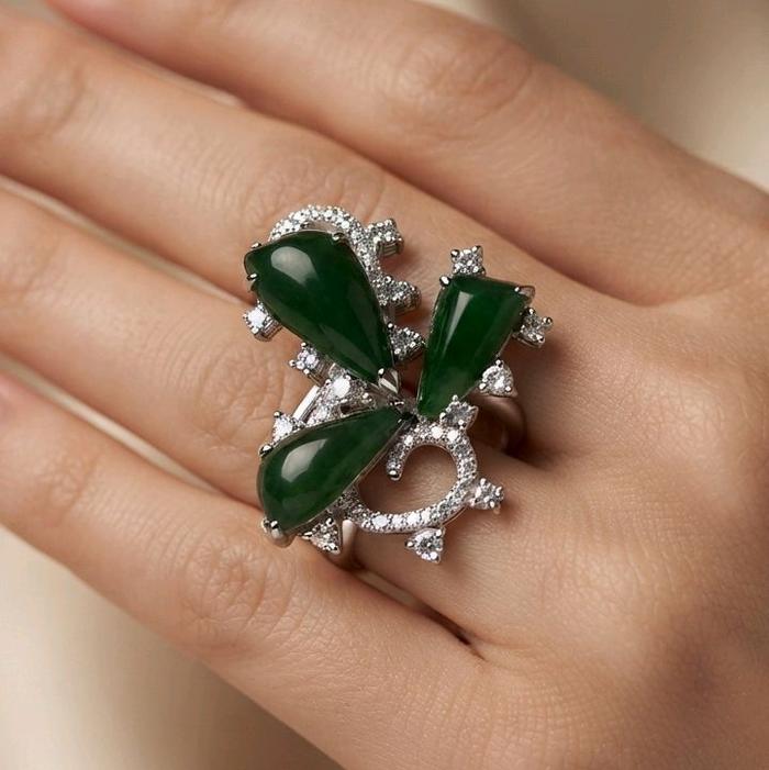 Jade Flower Diamond Ring 18K / Cincin Berlian Giok Bunga 18K / Diamond Jewelry / JR0053771