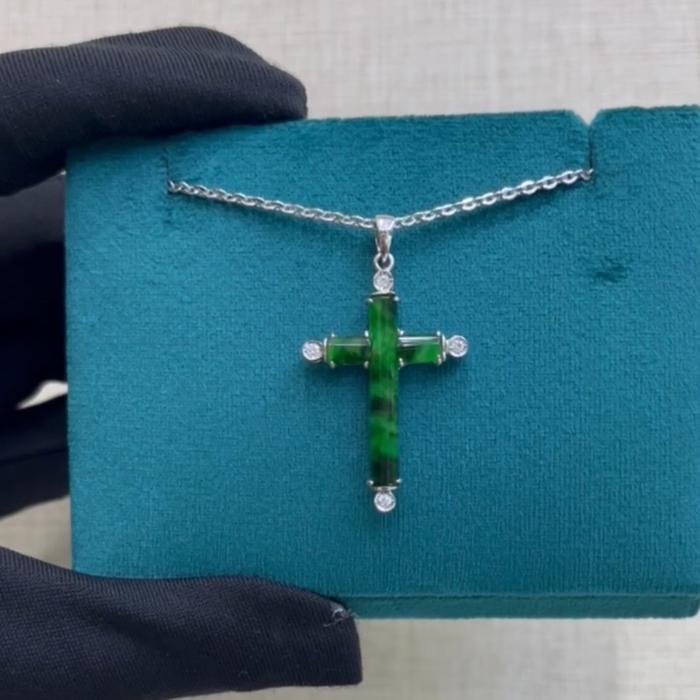 Cross jade greem jadeite diamond pendant-18k white gold -Diamond Jewelry