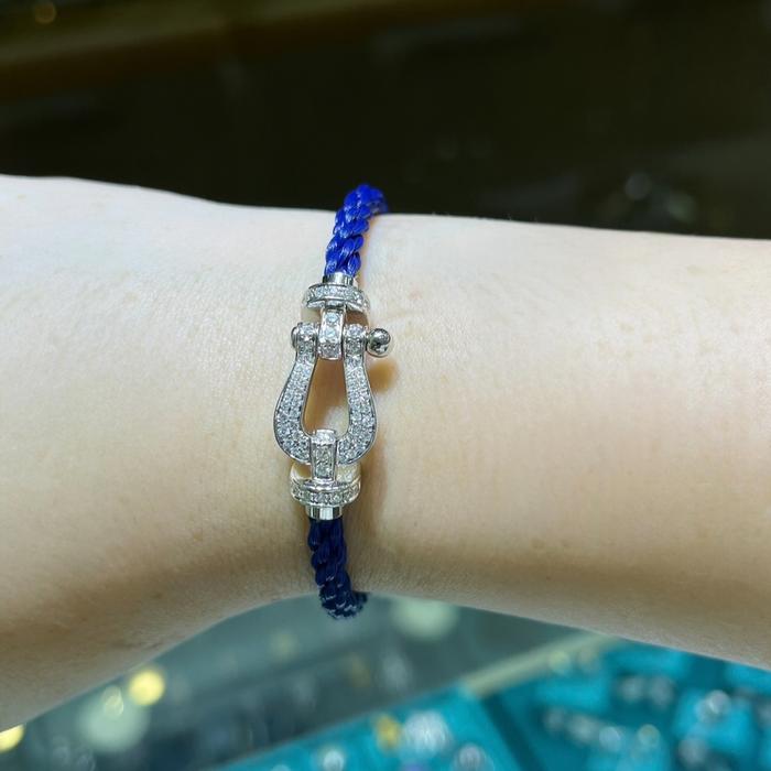 Horseshoe diamond bangle blue gelang tali emas berlian tapal kuda 18k steel rope-Diamond Jewelry