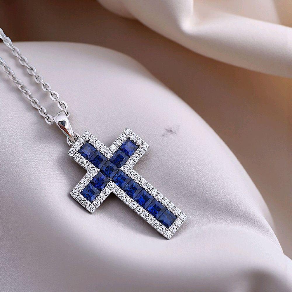 Blue Sapphire Cross Diamond Pendant 18K / Liontin Berlian Salib Sapphire 18K / Diamond Jewelry 2BL121000AB-HT