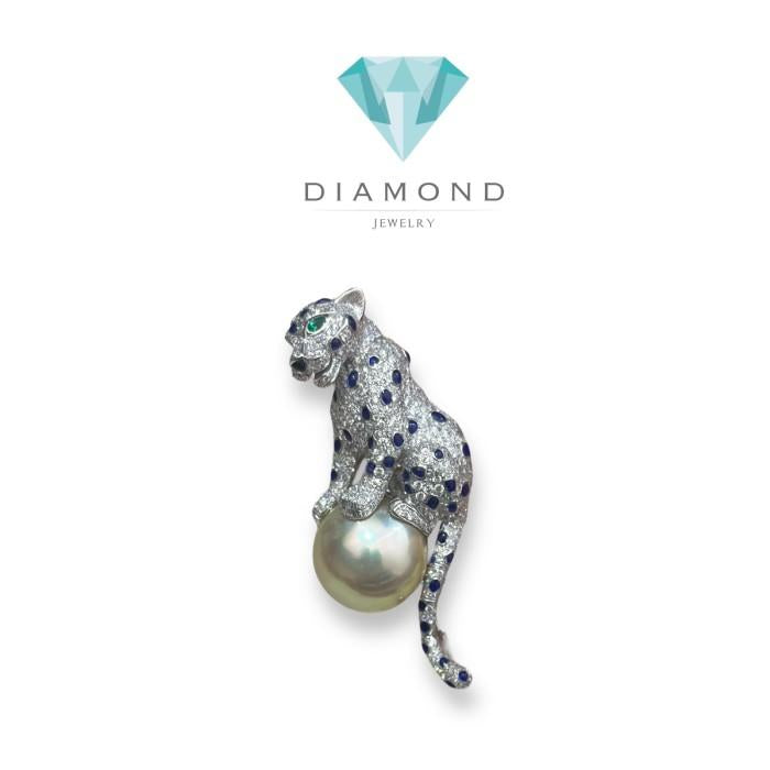 Panther pearl sapphire Brooch 18k white gold-Diamond Jewelry