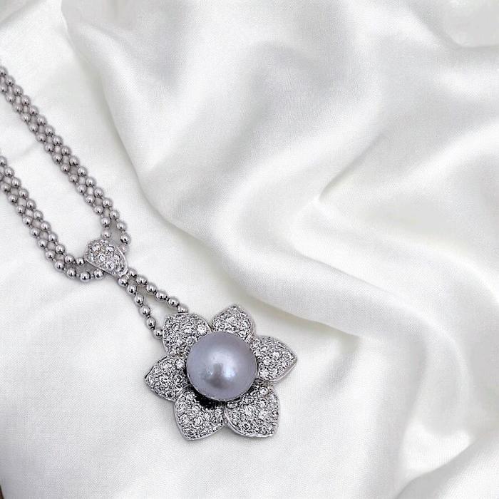 Flower akoya Pearl Diamond Necklace 18K / Diamond Jewelry 27KBGT28280WP