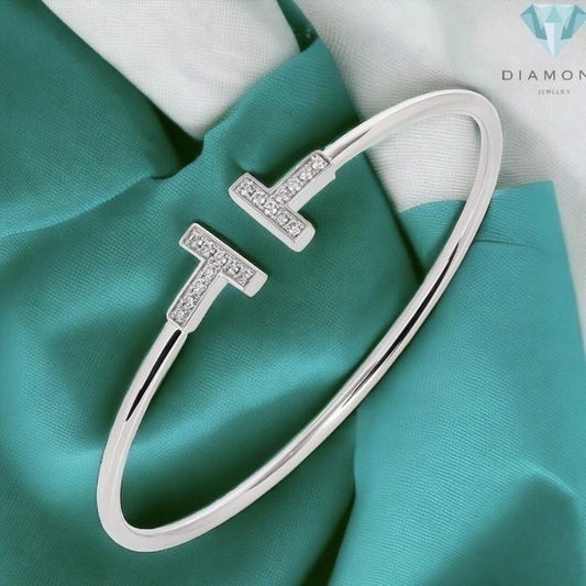 Double T Diamond Bangle white gold 18 K/ T diamond bangle 18k/ T Bangle Gold bracelet