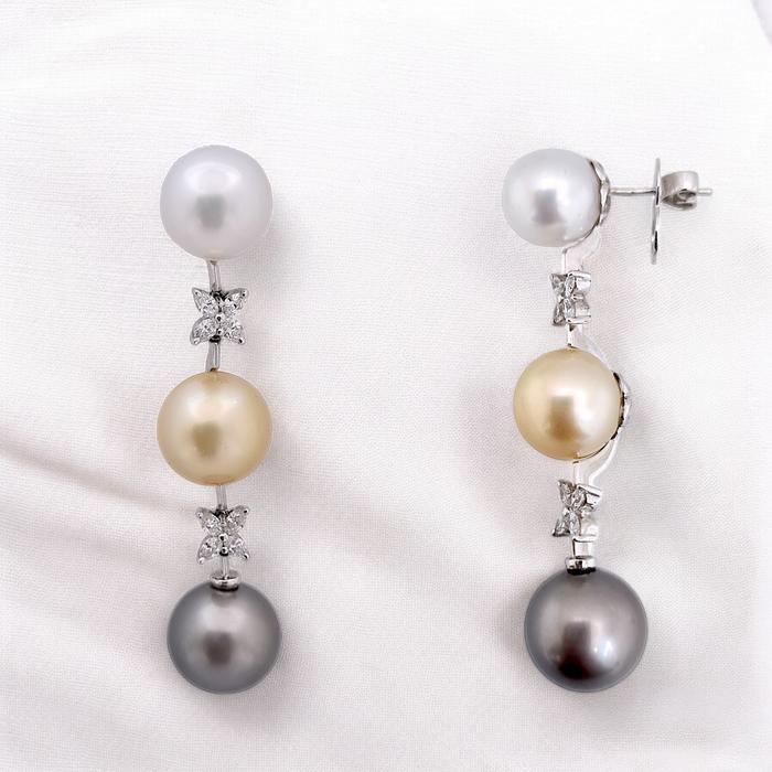 Long Drop Triple Color Pearl Diamond Earrings 18K / Diamond Jewelry