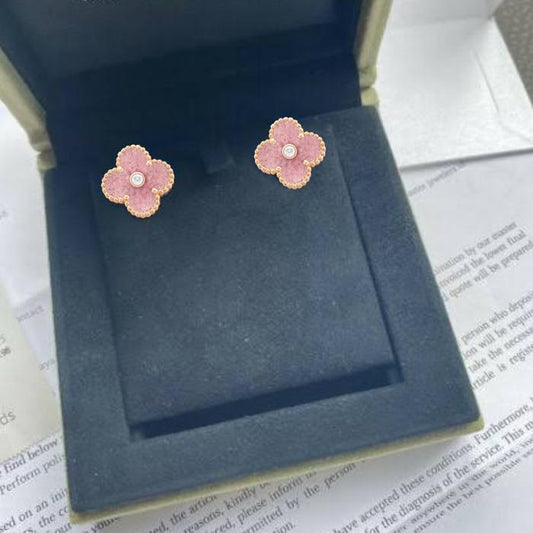 Vca pink Rhodonite earring Diamond 18k Gold Diamond Jewelry