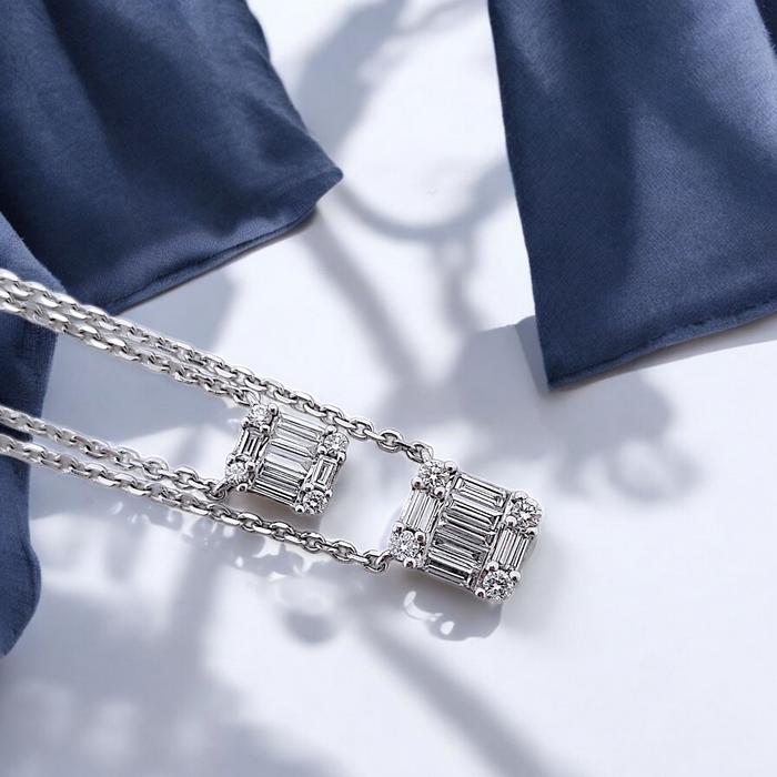 Double duo Diamond Baguette Necklace 18K / Diamond Jewelry