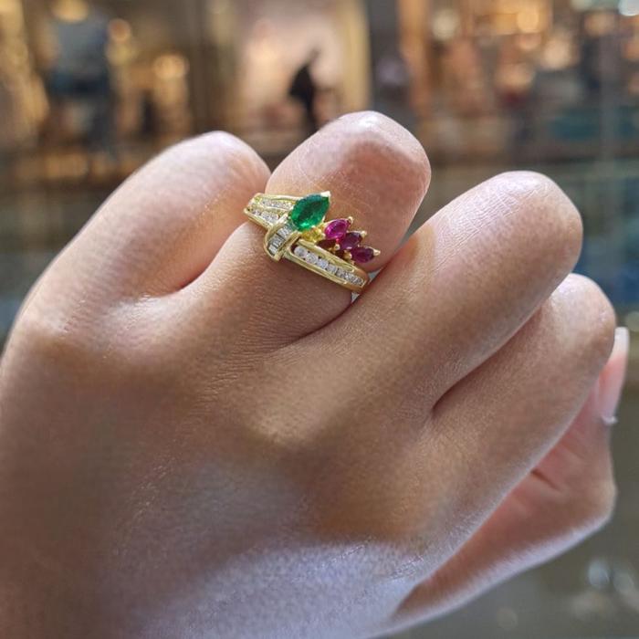 Emerald tricolor Diamond Ring 18K / Diamond Jewelry