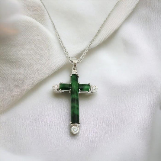 Cross jade greem jadeite diamond pendant-18k white gold -Diamond Jewelry