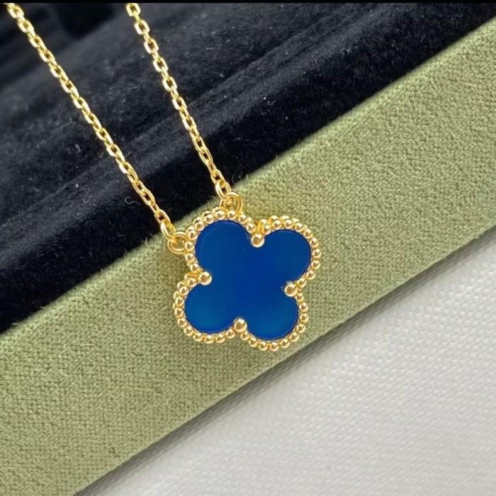 Blue Agate clover vc 18k vintage gold necklace-Diamond Jewelry