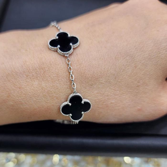 Black Onyx Clover Alhambra Bracelet 18K Gold/Gelang Emas Onix Fashion Diamond Jewelry-486GBD5000LS-HT
