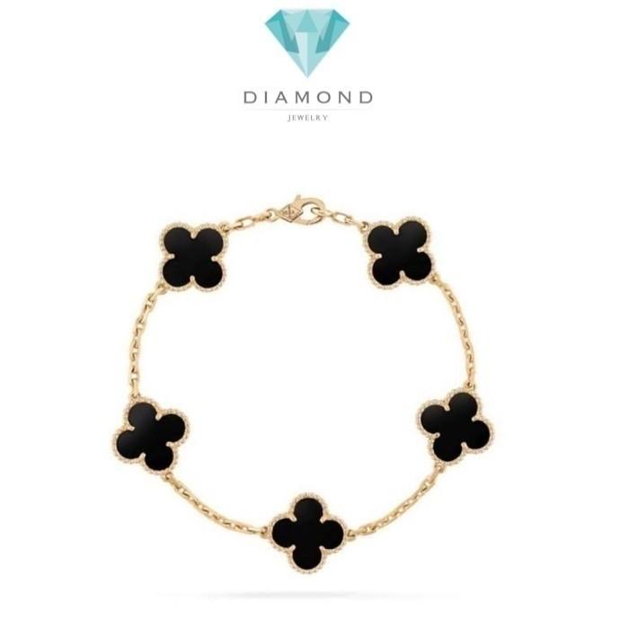 Black Onyx Clover Alhambra Bracelet 18K Gold/Gelang Emas Onix Fashion Diamond Jewelry-486GBD5000LS-HT