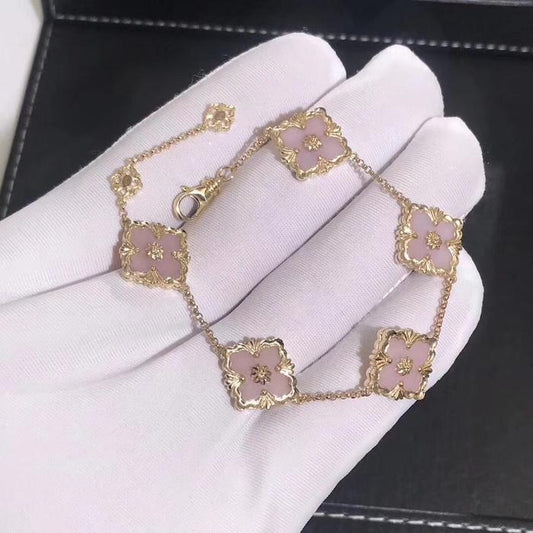 Pink opal flower 18k gold  bracelet-Diamond Jewelry