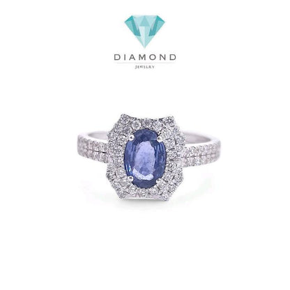 Cincin Blue Sapphire Oval Berlian 18K-Diamond Jewelry